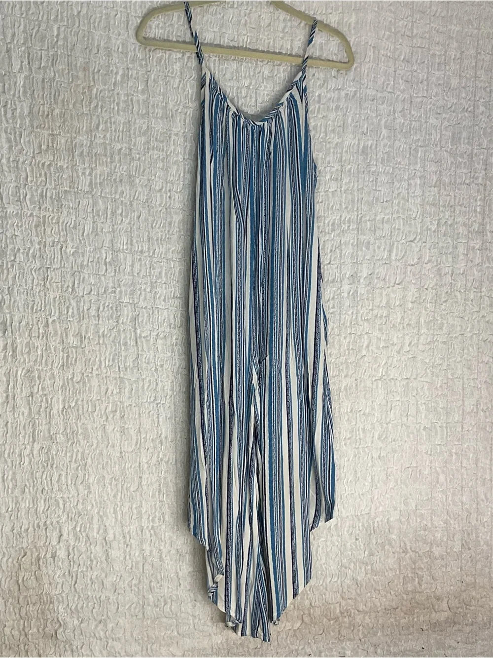 Portacruz Women’s Medium Blue White Striped Wide Leg Jumpsuit Boho Resort
